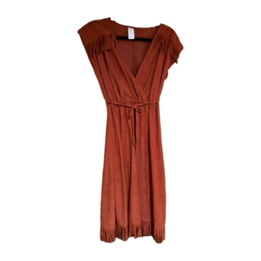 Vintage 70s Fringe Boho‎ Dress Size XS Burnt Orange Festival Western Hippie